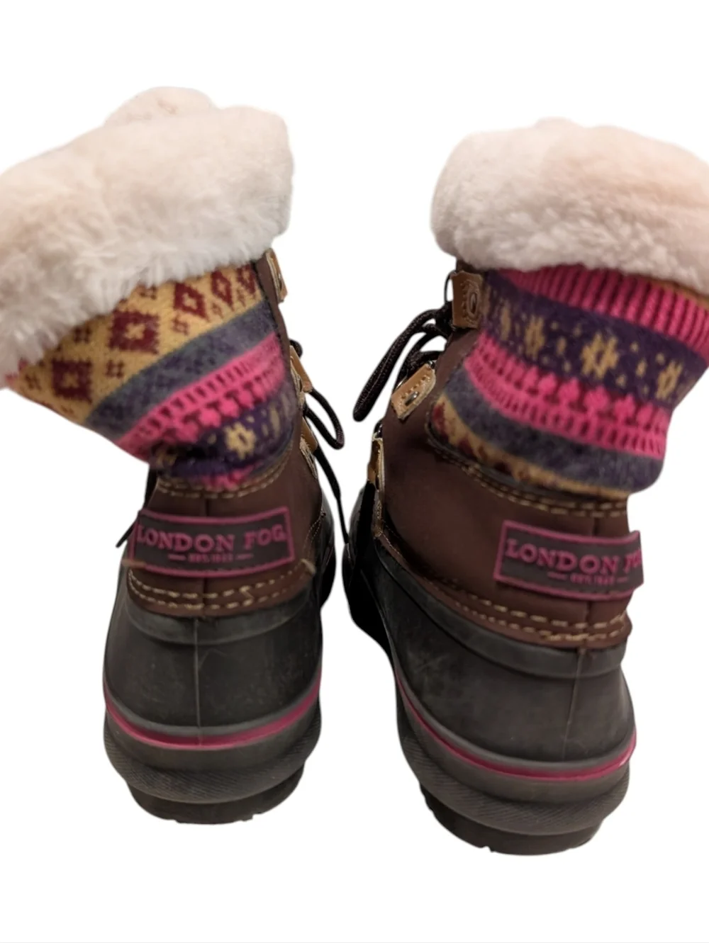 London Fog Brown and Pink Faux-Fur Winter Duck Boots